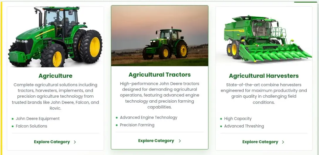 Equipment categories with product images and descriptions