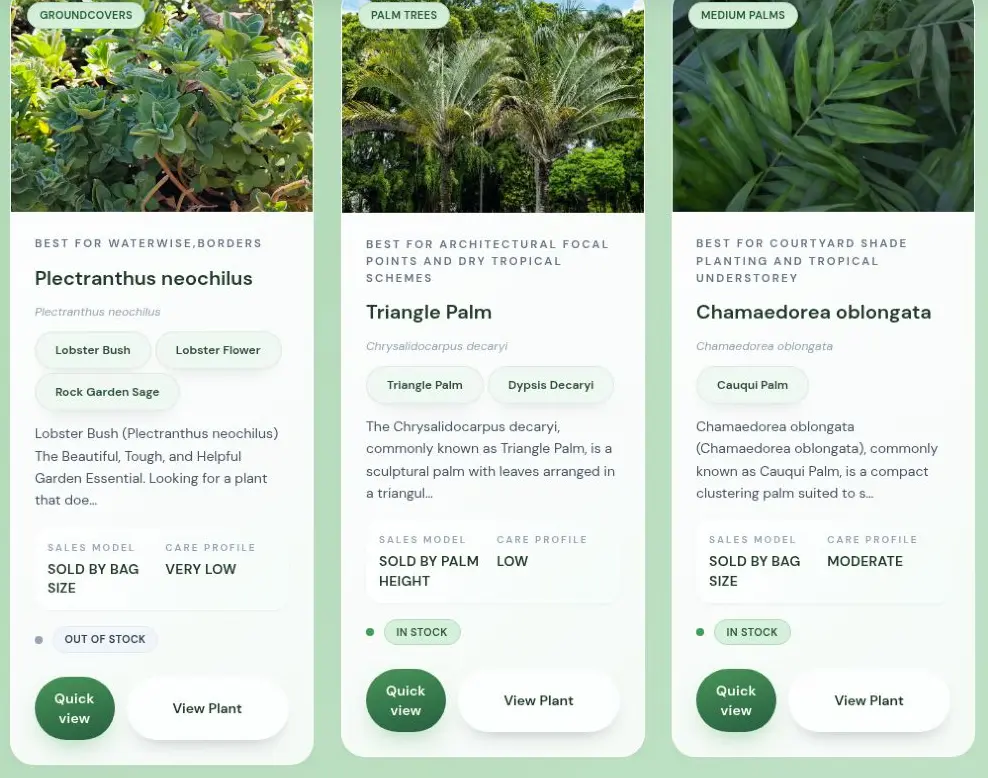 Plant catalogue cards with photographs, care profiles and stock status
